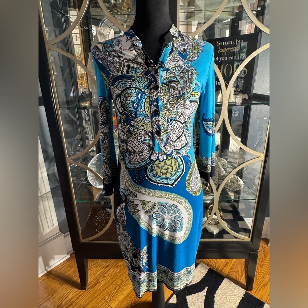 Carole Little Blue Sheath Midi Dress with Notched Collar